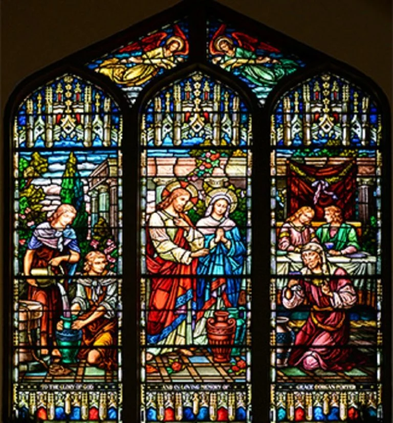 Church stained glass window with colored panels