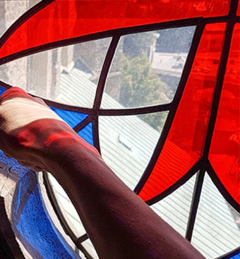 Stained glass window detail in a church