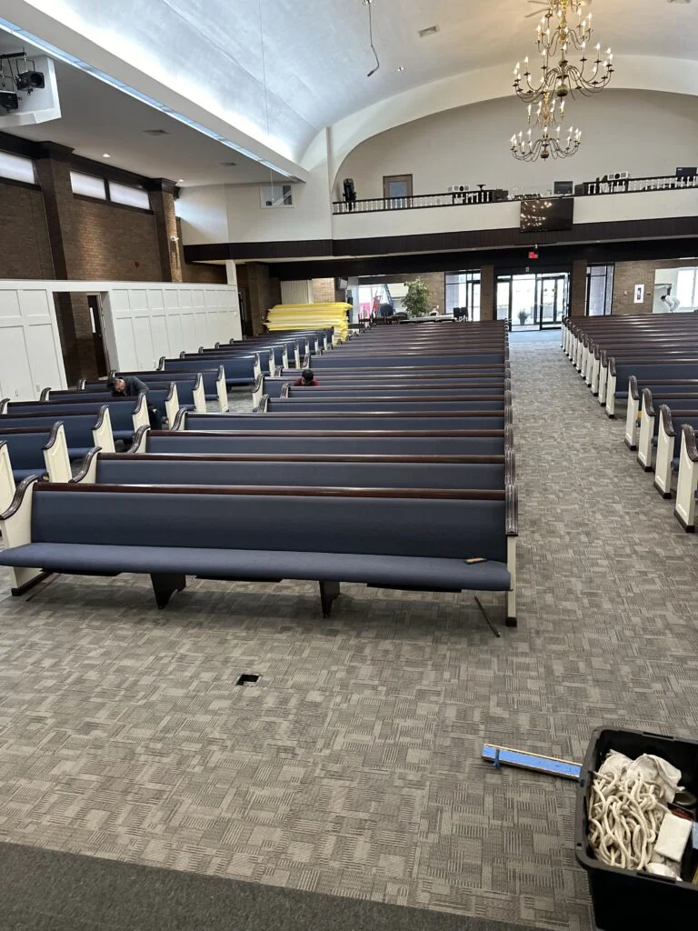 Repainted white pew ends with new fabric, Walnut Creek Mennonite Church, Sugar Creek, OH