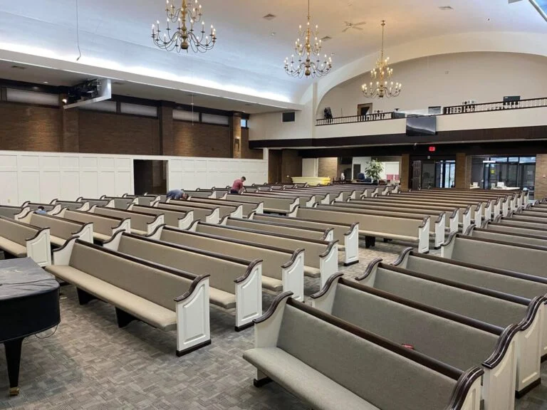 Restored church pews with refinished wood, Walnut Creek Mennonite Church, Sugar Creek, OH