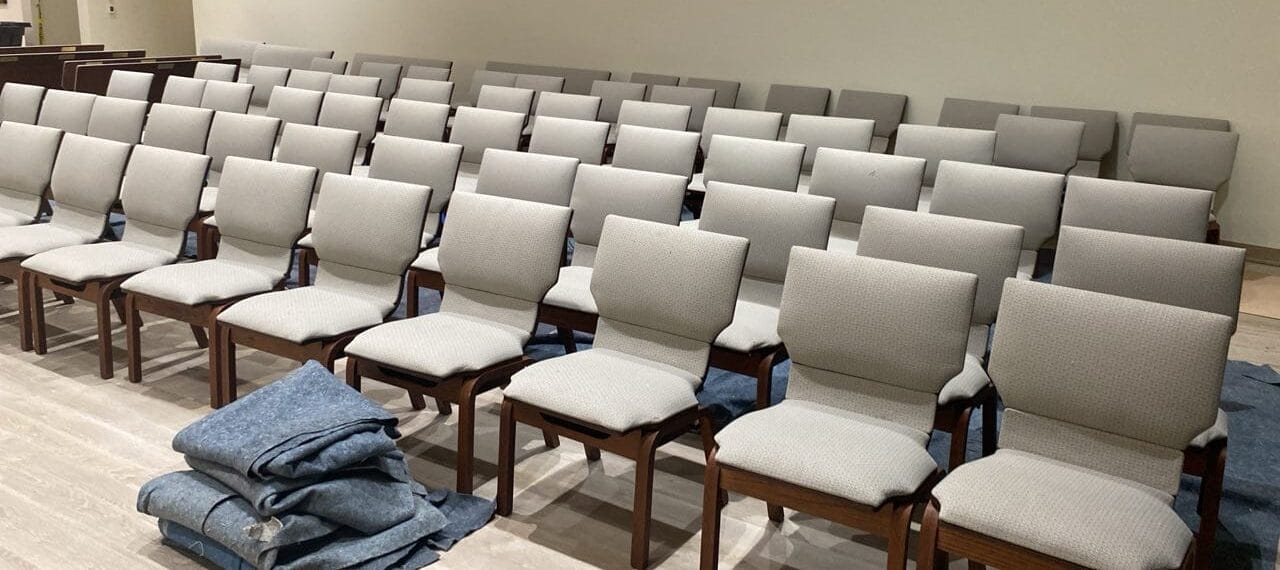 Synagogue chairs reupholstered in light gray fabric, New Jersey