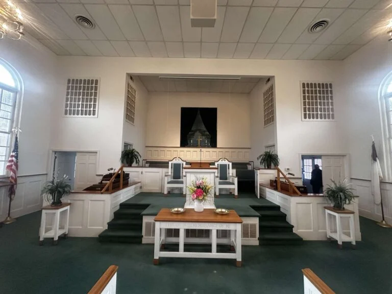 Sanctuary with new pew fabric and coordinating carpet, Kershaw, SC
