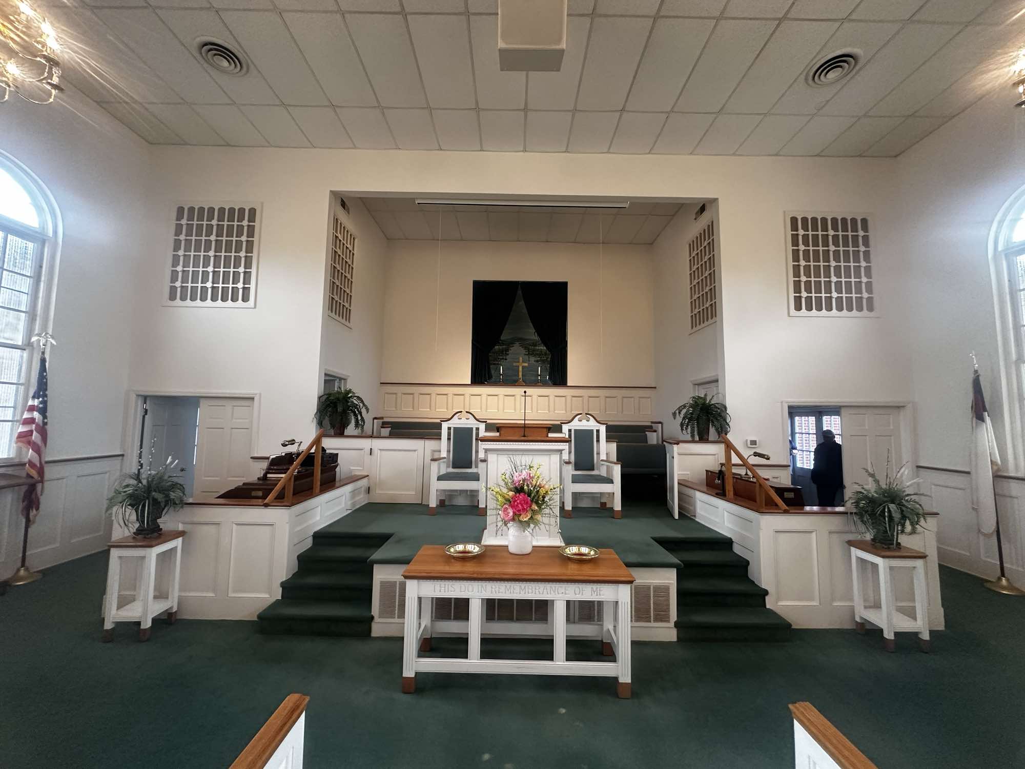 Sanctuary with new pew fabric and carpet