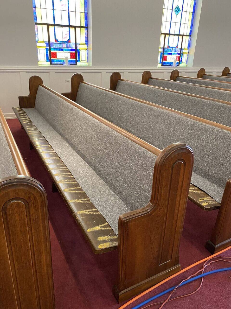 Pew upholstery in progress, removing old fabric and foam, Cherryville, NC