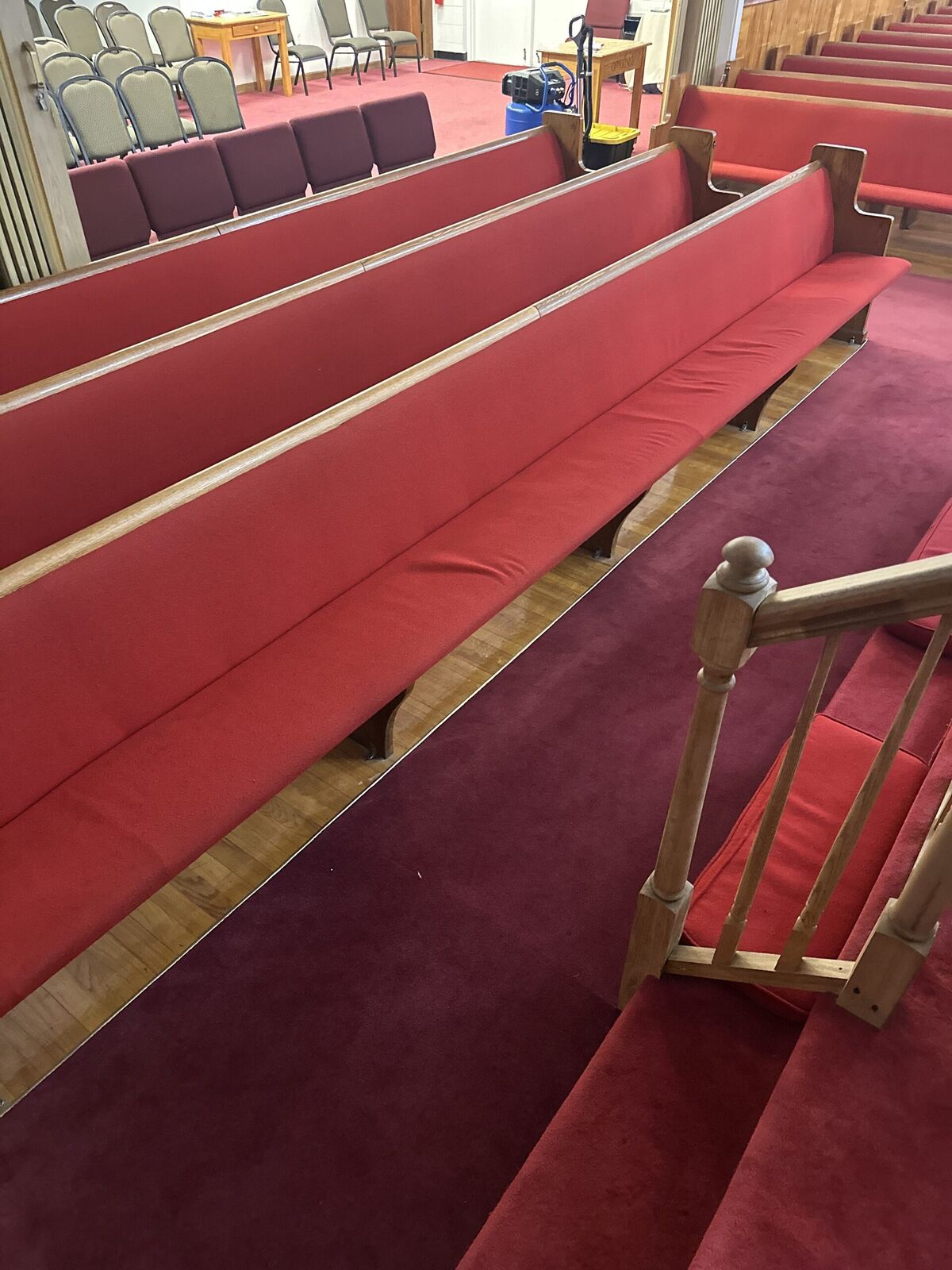 Church pew upholstery before, worn fabric, Mt. Pleasant, SC