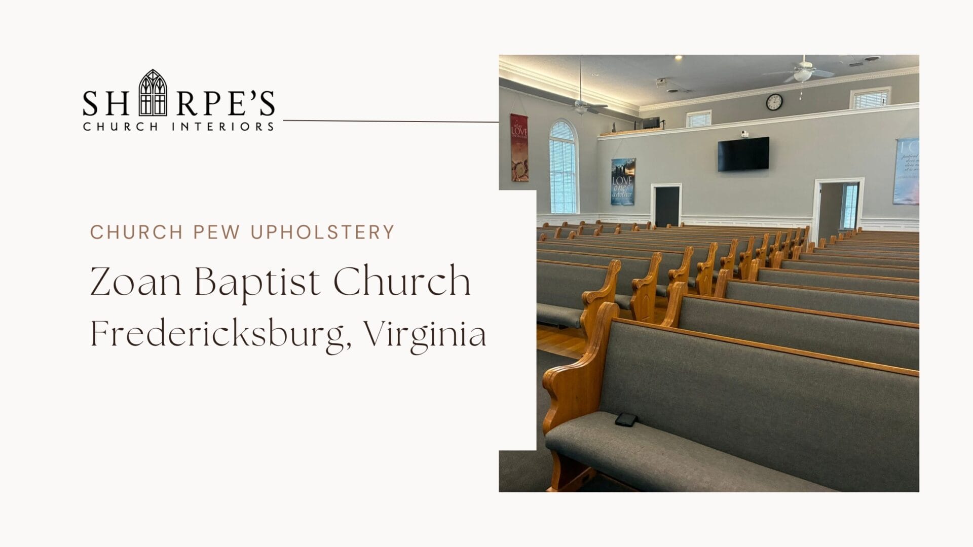 Church pew upholstery with new seat and back fabric at Zoan Baptist Church, Fredericksburg, VA